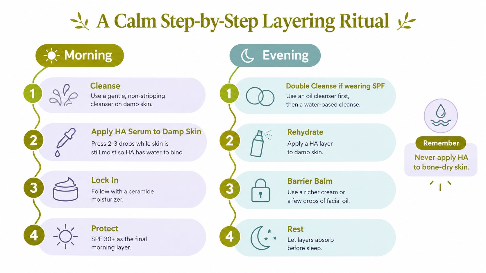 A step-by-step skincare guide showing morning and evening routines for applying hyaluronic acid to damp skin.