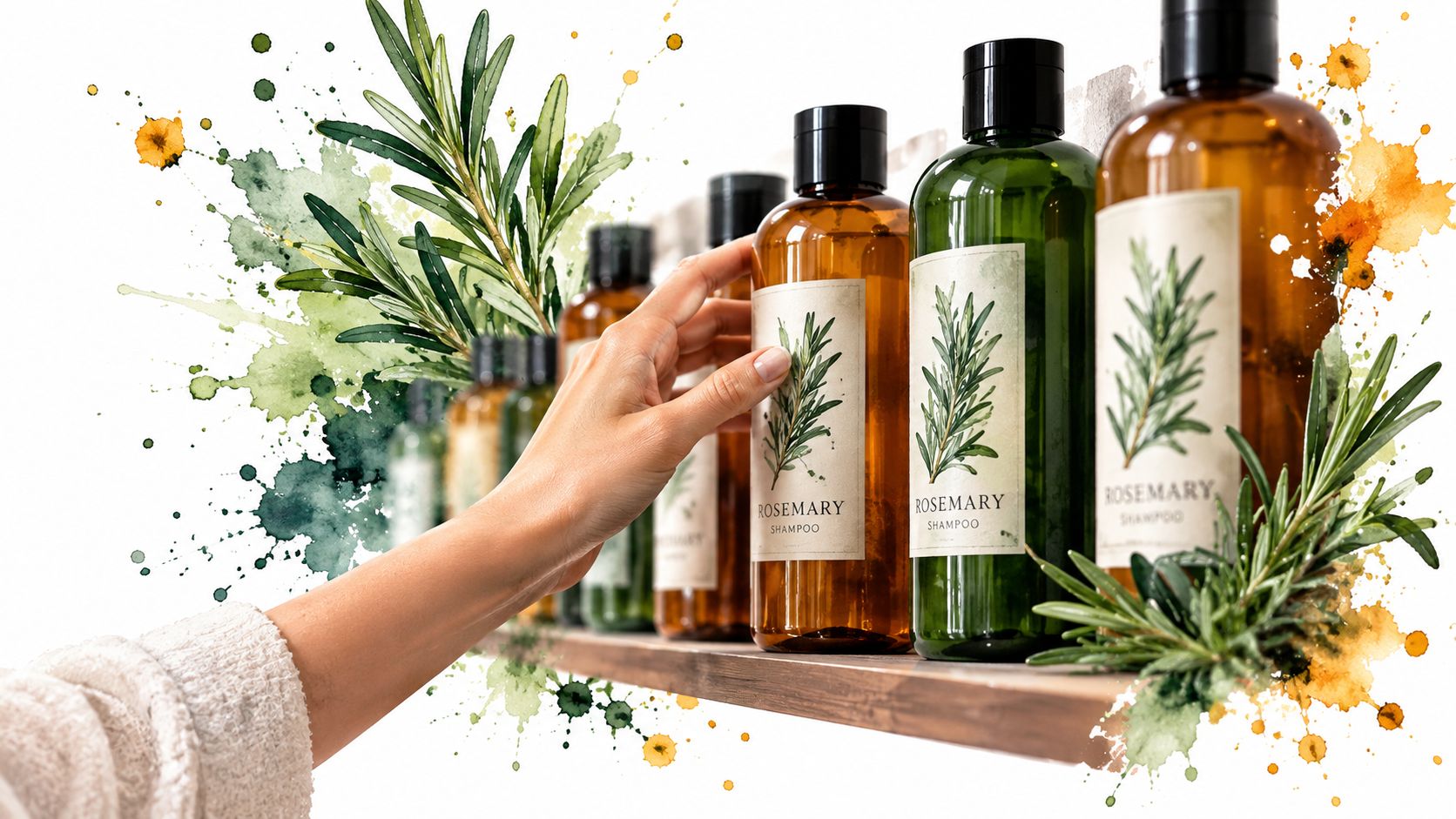 A hand reaching for a bottle of rosemary shampoo on a wooden shelf with watercolor splashes.