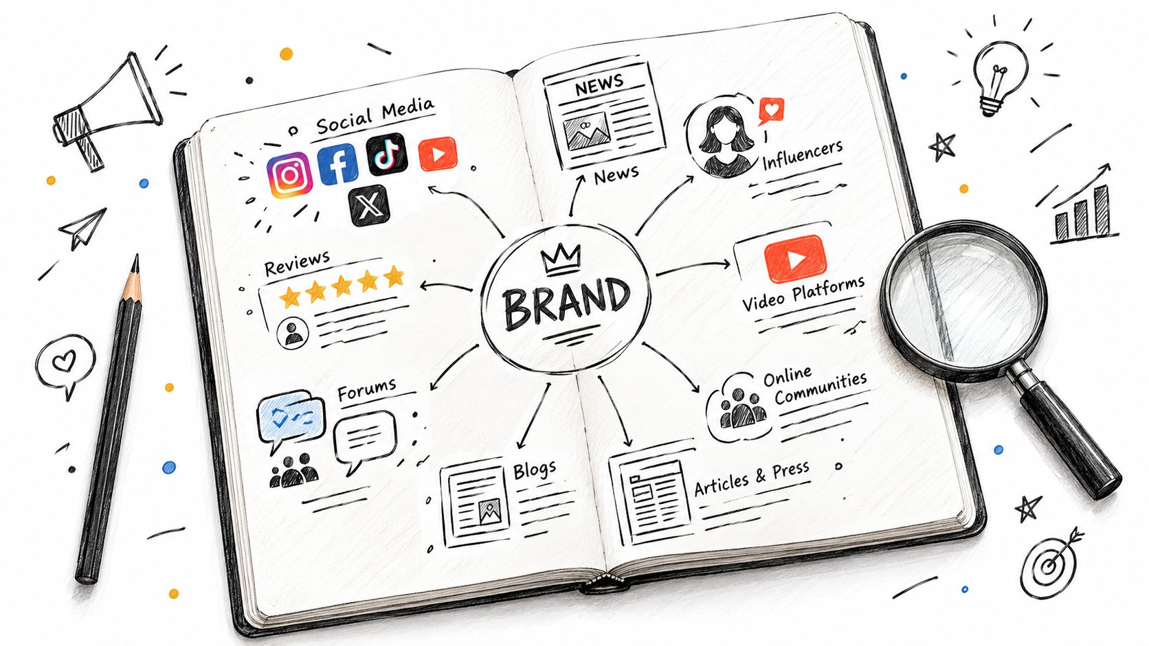 A hand-drawn sketch in an open notebook illustrating various digital channels for monitoring brand mentions and presence.