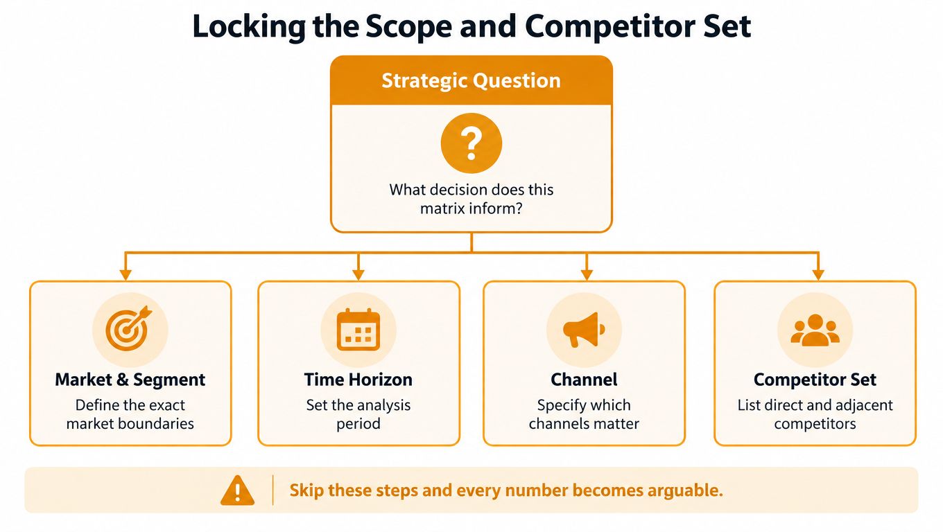 A flowchart titled Locking the Scope and Competitor Set illustrating key steps for strategic business planning.