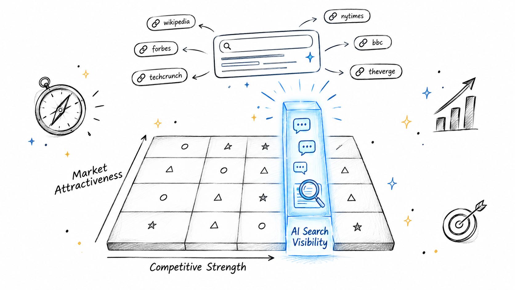 A hand-drawn illustration showing a competitor analysis matrix with AI search visibility highlighted as a key metric.
