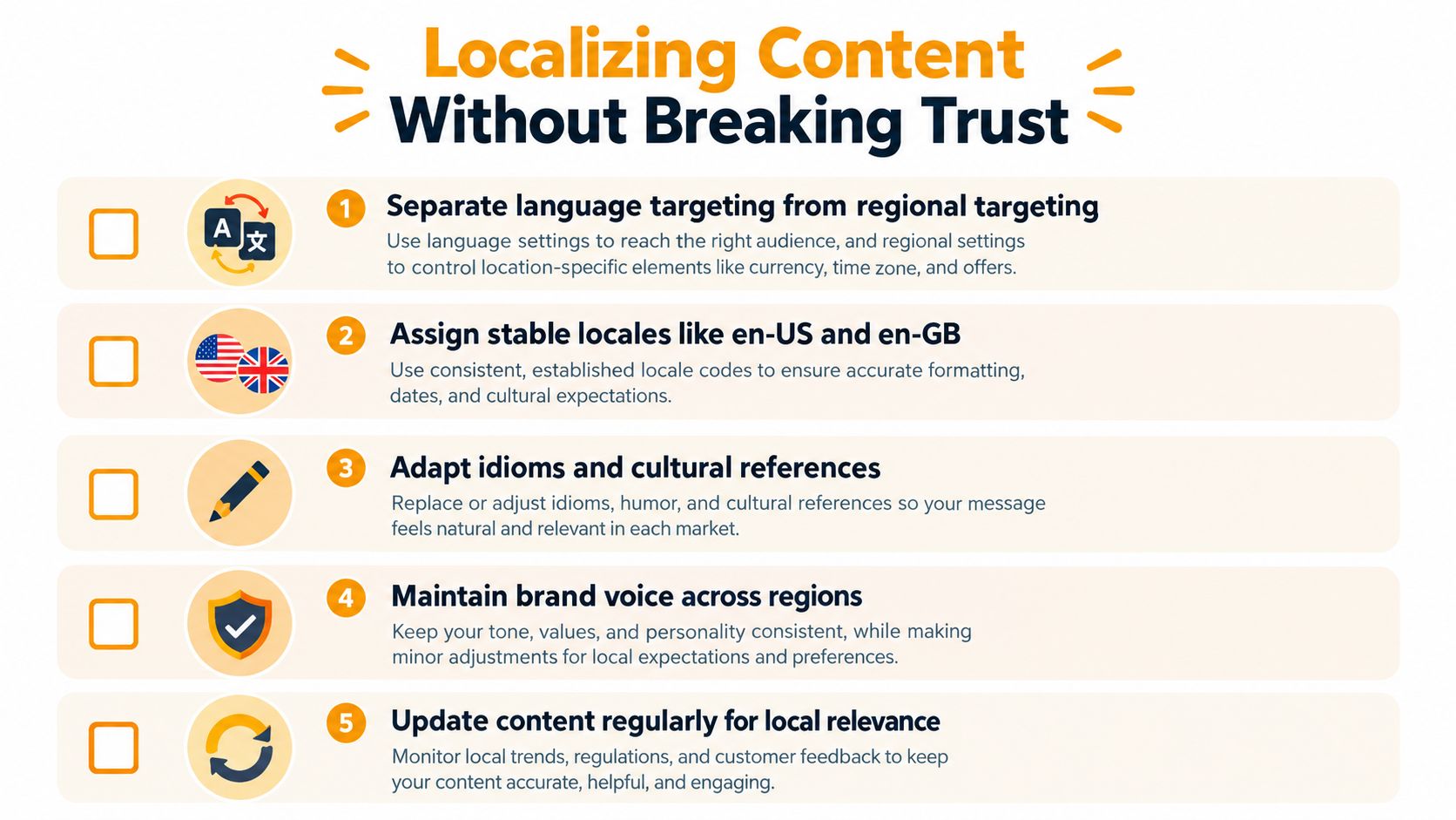 A checklist of five essential strategies for effectively localizing digital content while maintaining brand trust with global audiences.