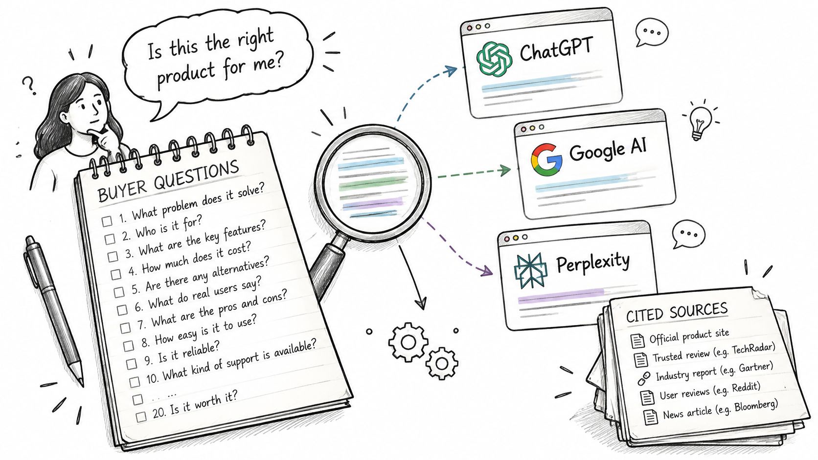 A hand-drawn illustration showing a person asking product buyer questions to AI search tools for research.