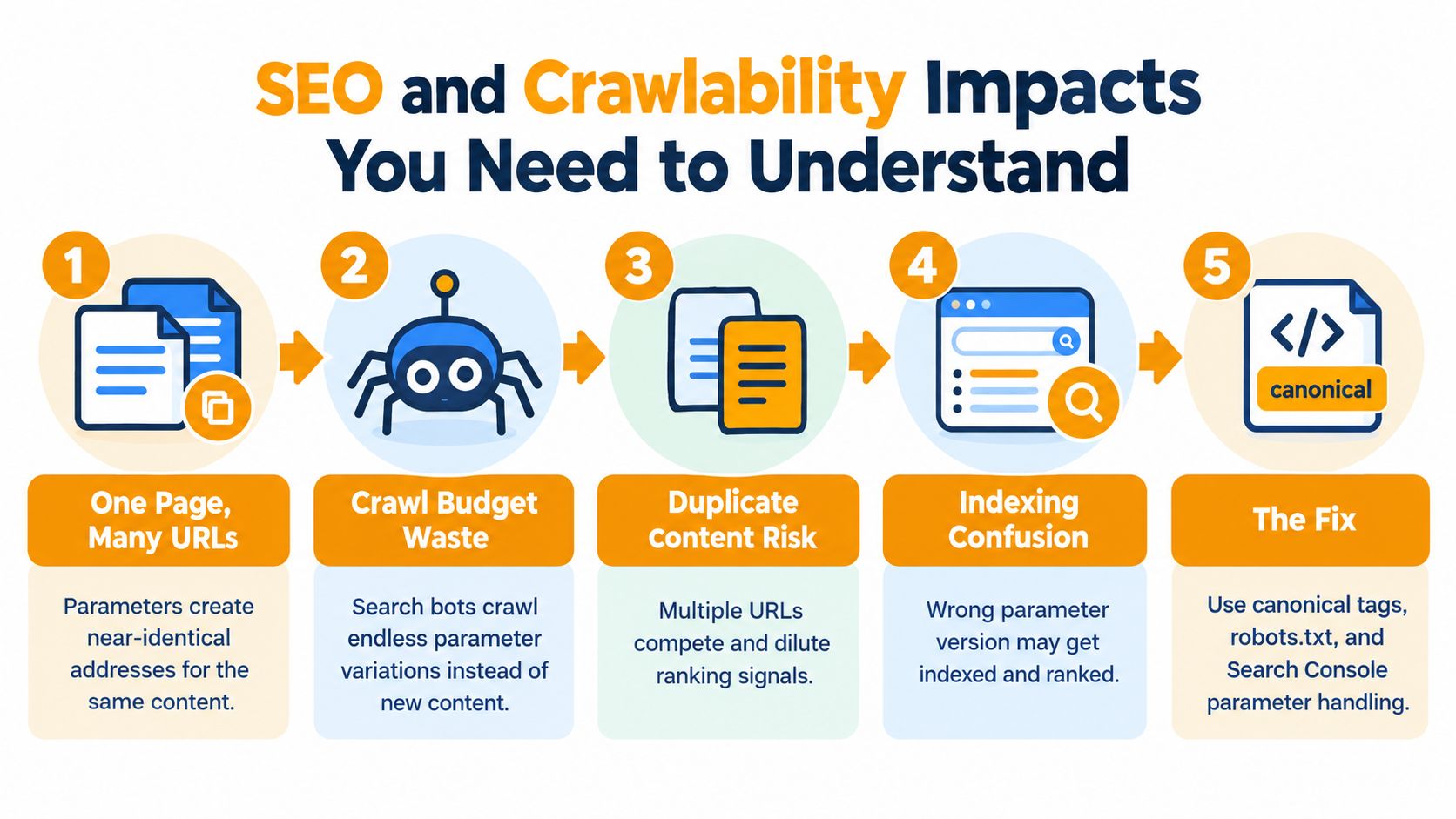A diagram outlining five steps illustrating how URL parameters impact website crawlability and SEO performance.
