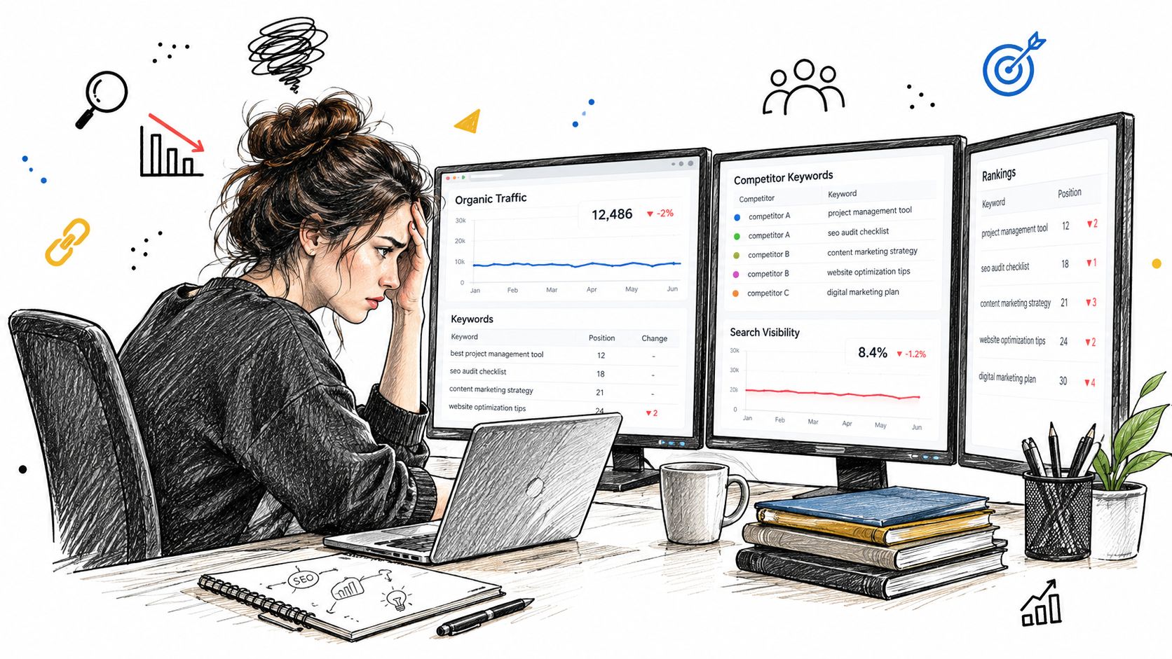 A stressed woman working at her desk with multiple computer monitors displaying SEO analytics data and rankings.