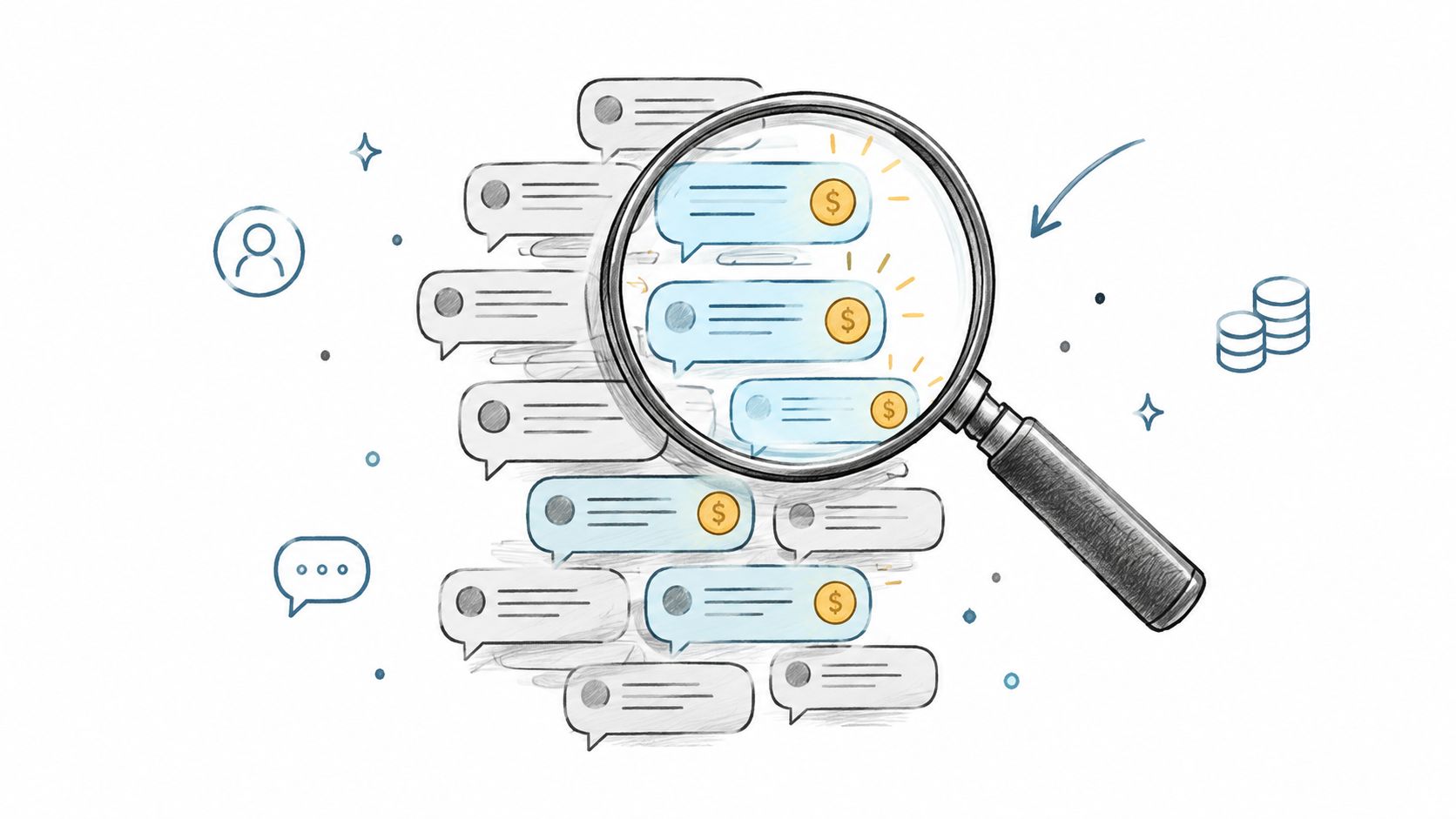 A magnifying glass focusing on specific chat bubbles with dollar signs, representing AI share of voice analysis.