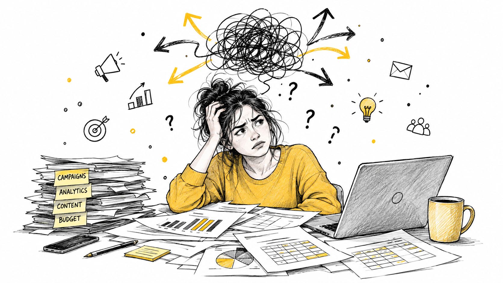 A stressed woman working at a messy desk filled with financial documents, charts, and a laptop computer.