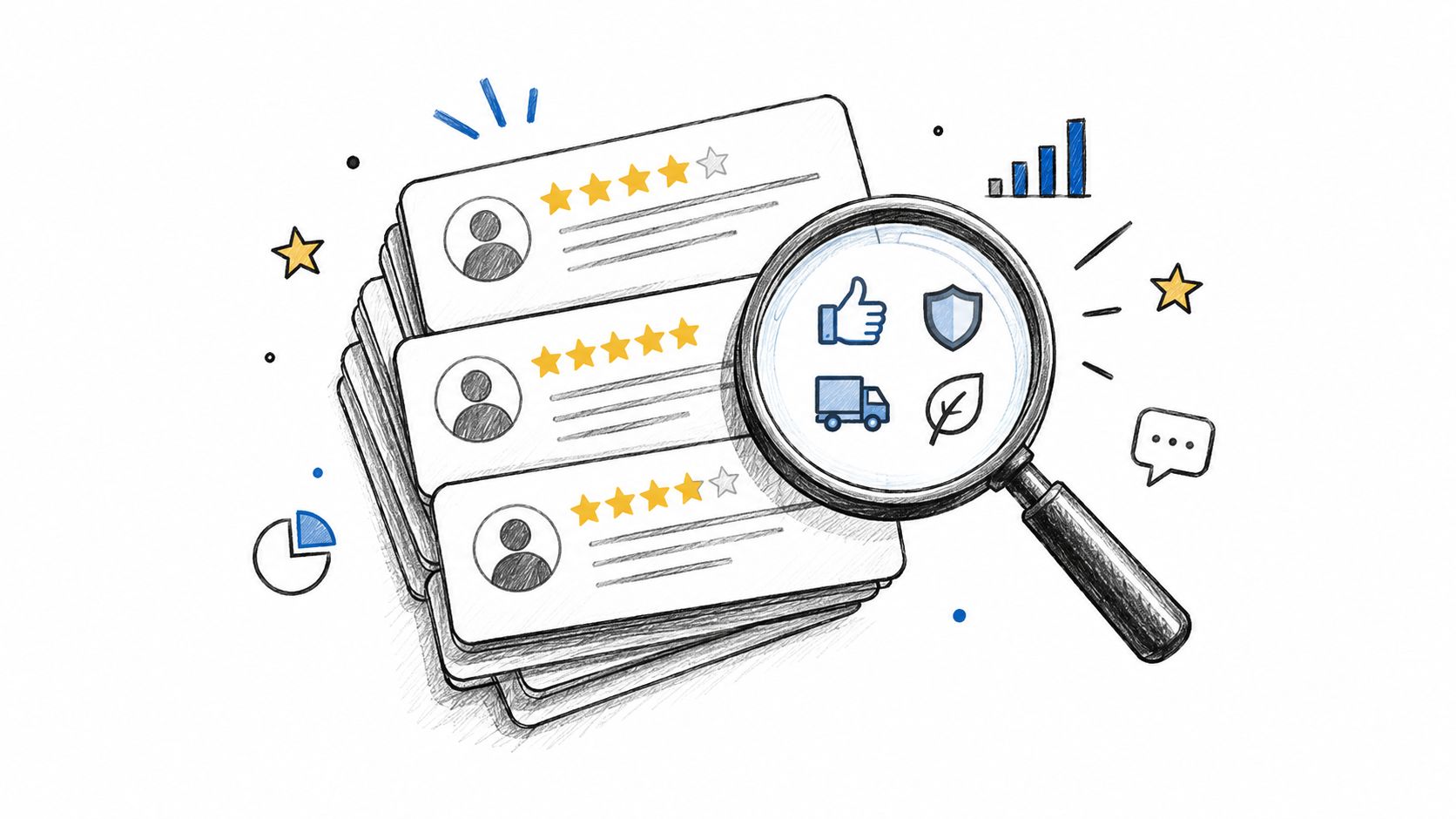 A hand-drawn illustration showing a magnifying glass examining a stack of customer review cards with star ratings.