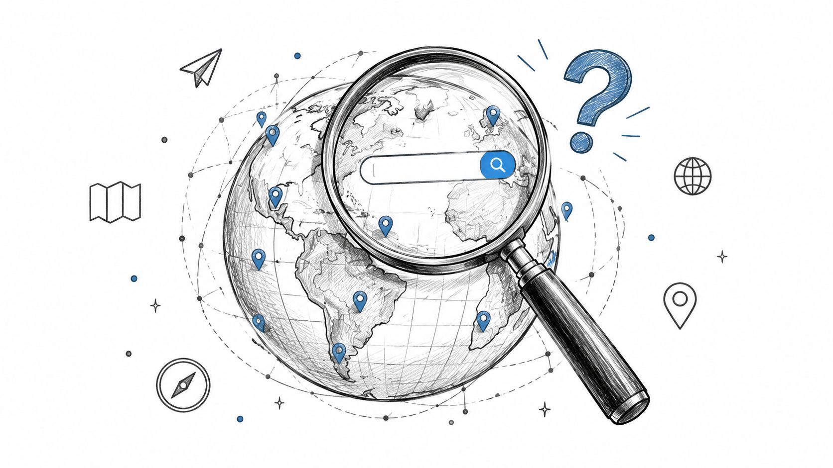 A magnifying glass focused on a world map with search bar and location markers in a sketch style.