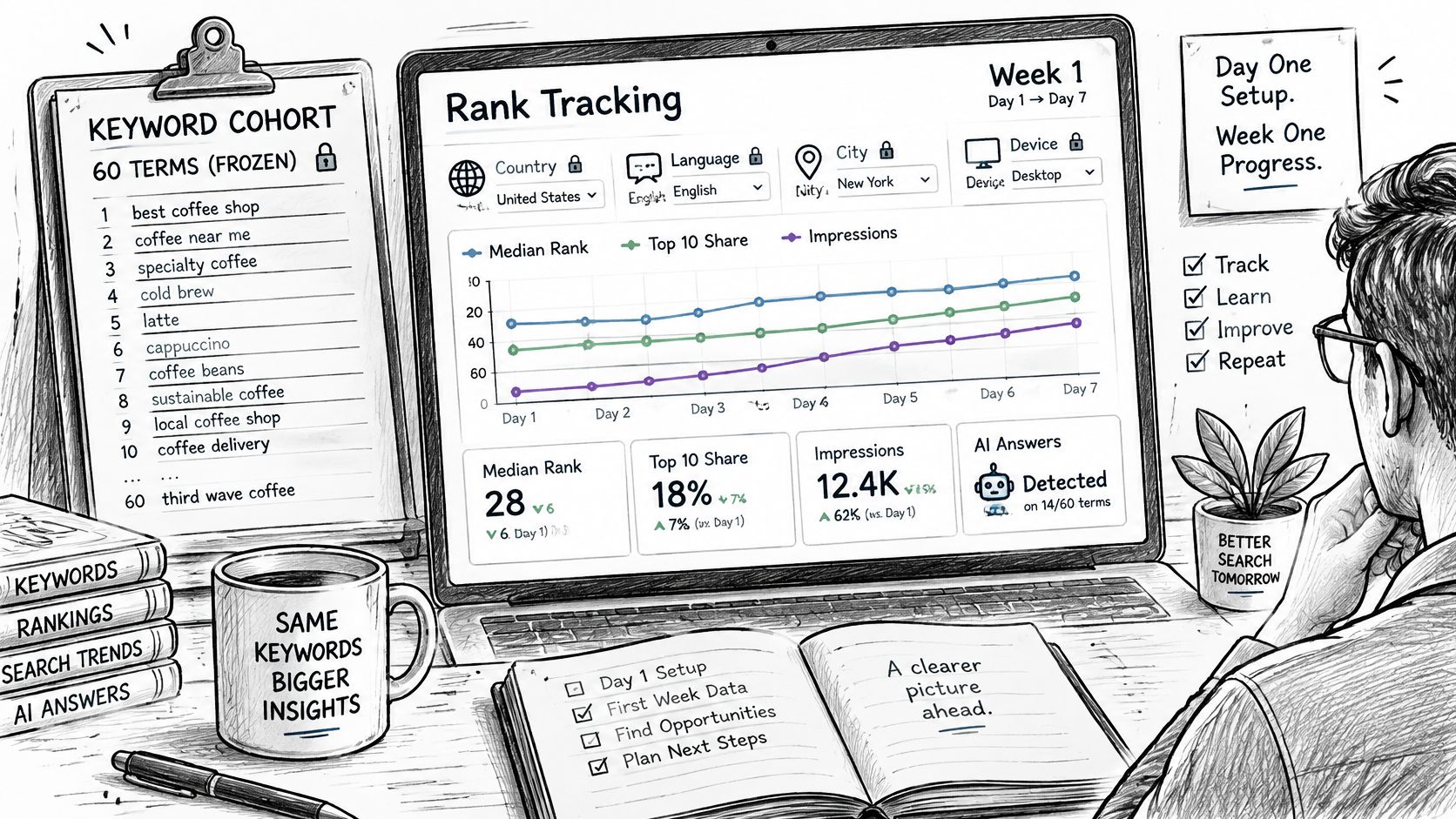 A hand-drawn illustration showing a person analyzing rank tracking data on a laptop screen with coffee.