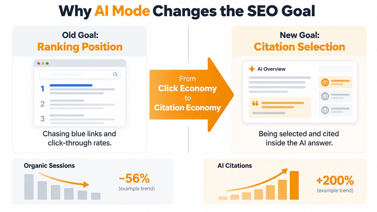 An infographic illustrating how SEO strategy is shifting from traditional ranking positions to AI citation selection.