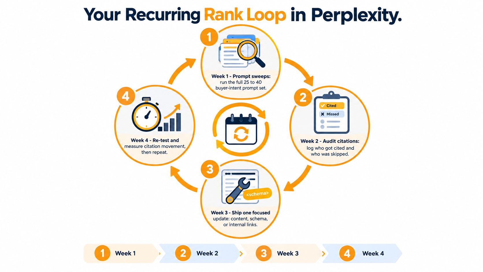 A diagram illustrating a four-week recurring strategy to improve brand ranking within Perplexity AI search results.