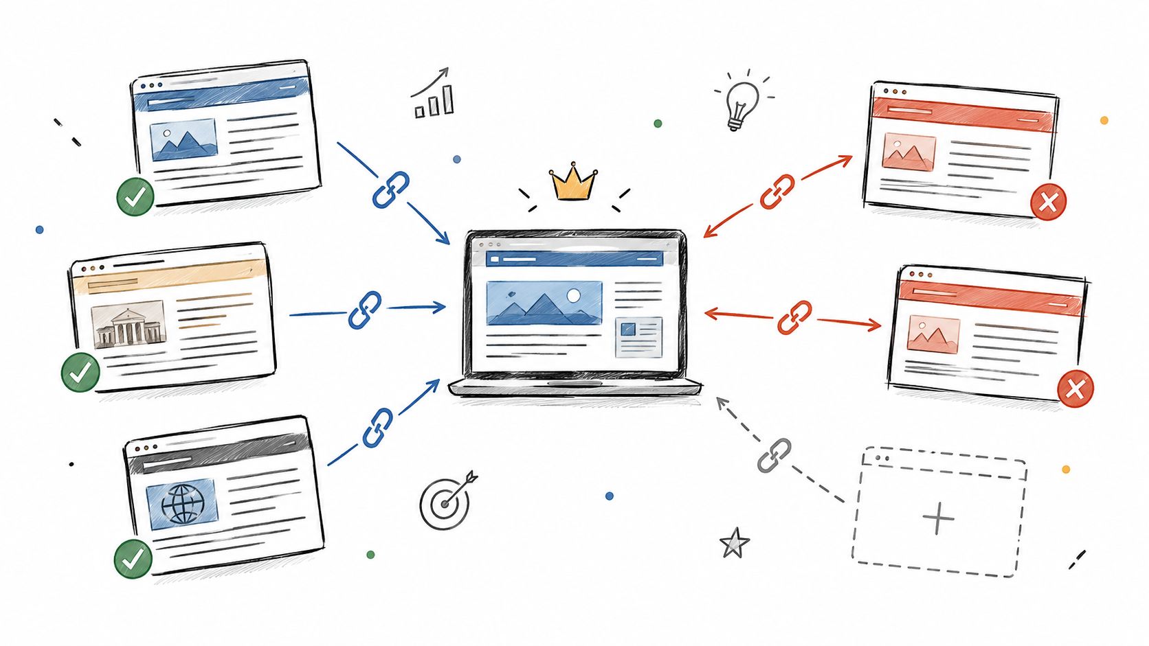 A conceptual diagram showing how positive and negative website links influence the authority of a central website.
