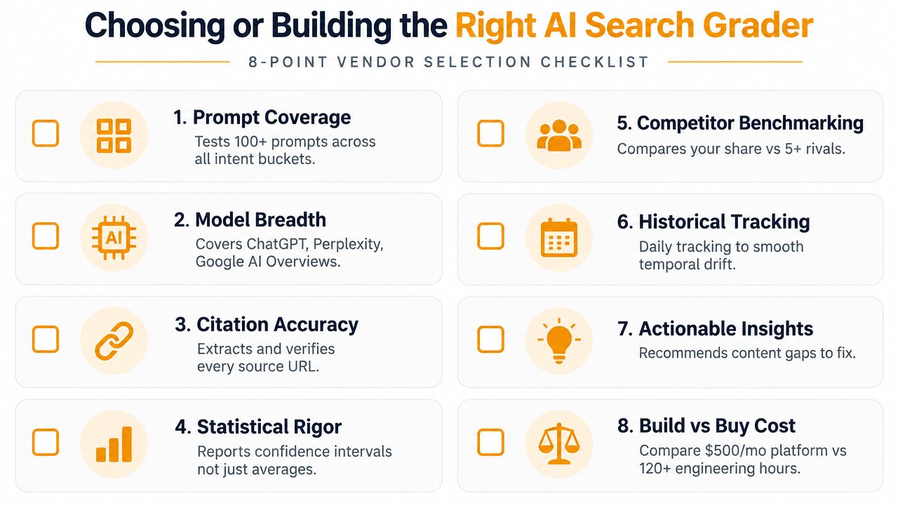 An 8-point vendor selection checklist graphic for choosing or building the right AI search grader.
