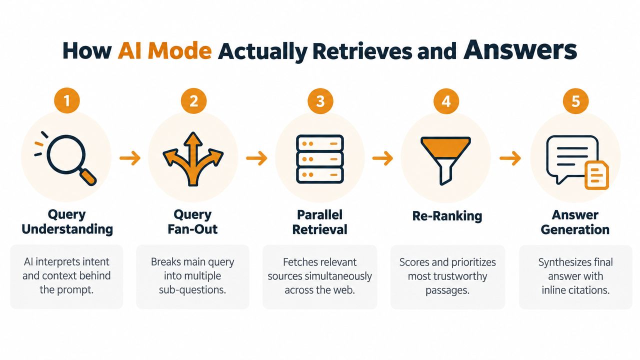 An infographic showing the five steps of AI mode, from query understanding to final answer generation.