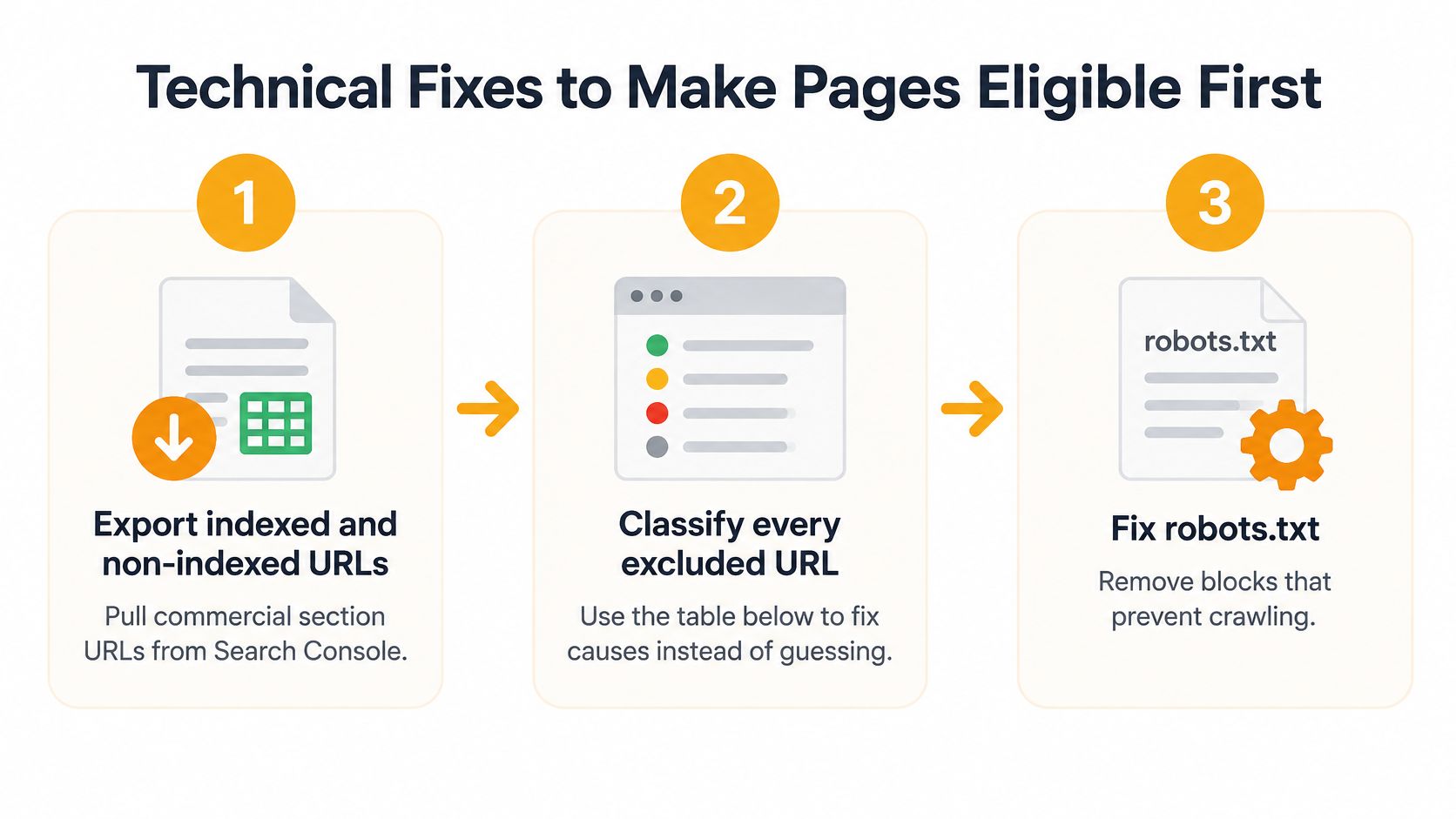 A three-step infographic showing technical steps to make web pages eligible for search engine crawling and indexing.