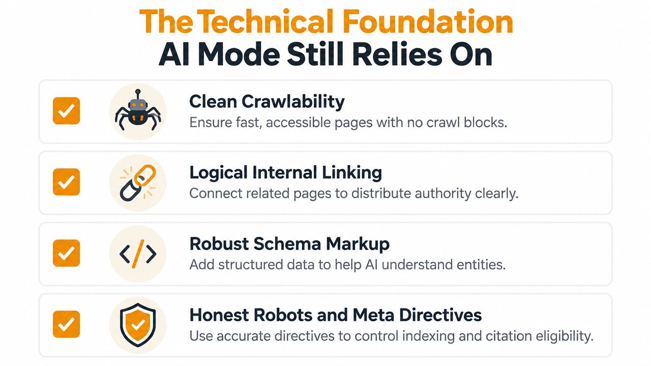 A checklist infographic outlining technical SEO requirements for AI mode including crawlability, internal linking, schema, and directives.