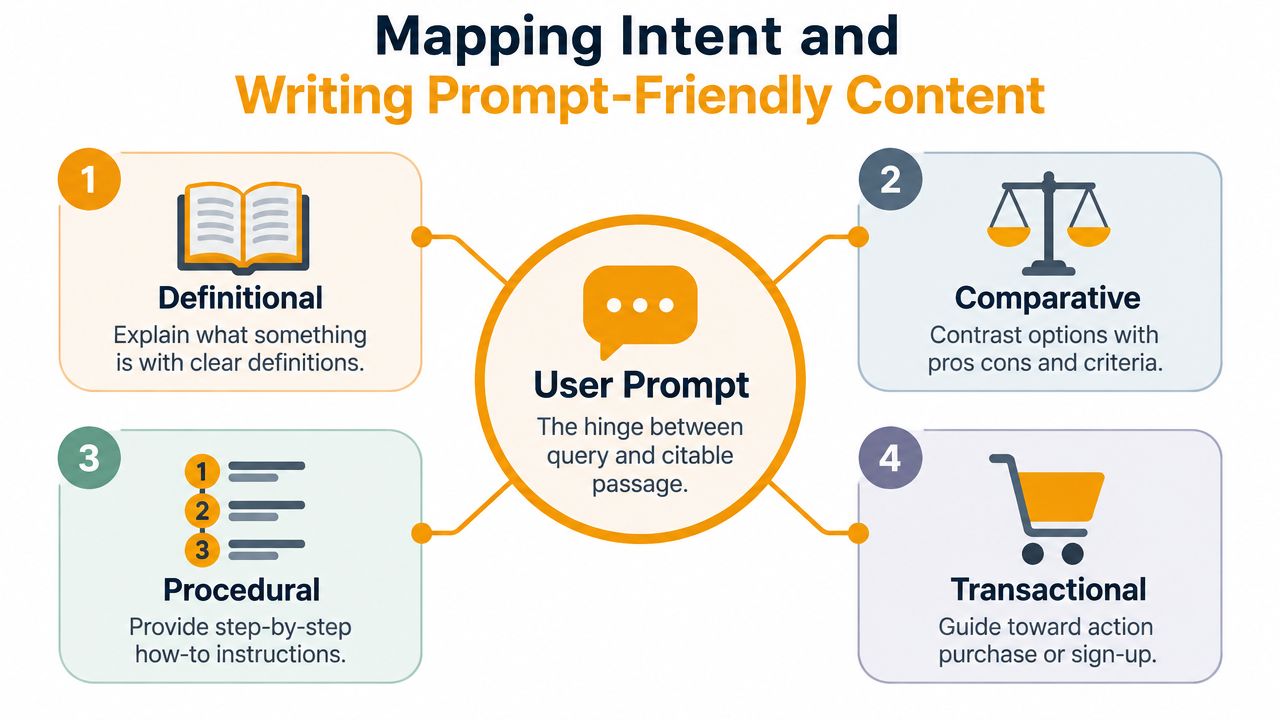 A diagram mapping user intent types including definitional, comparative, procedural, and transactional for AI content strategy.