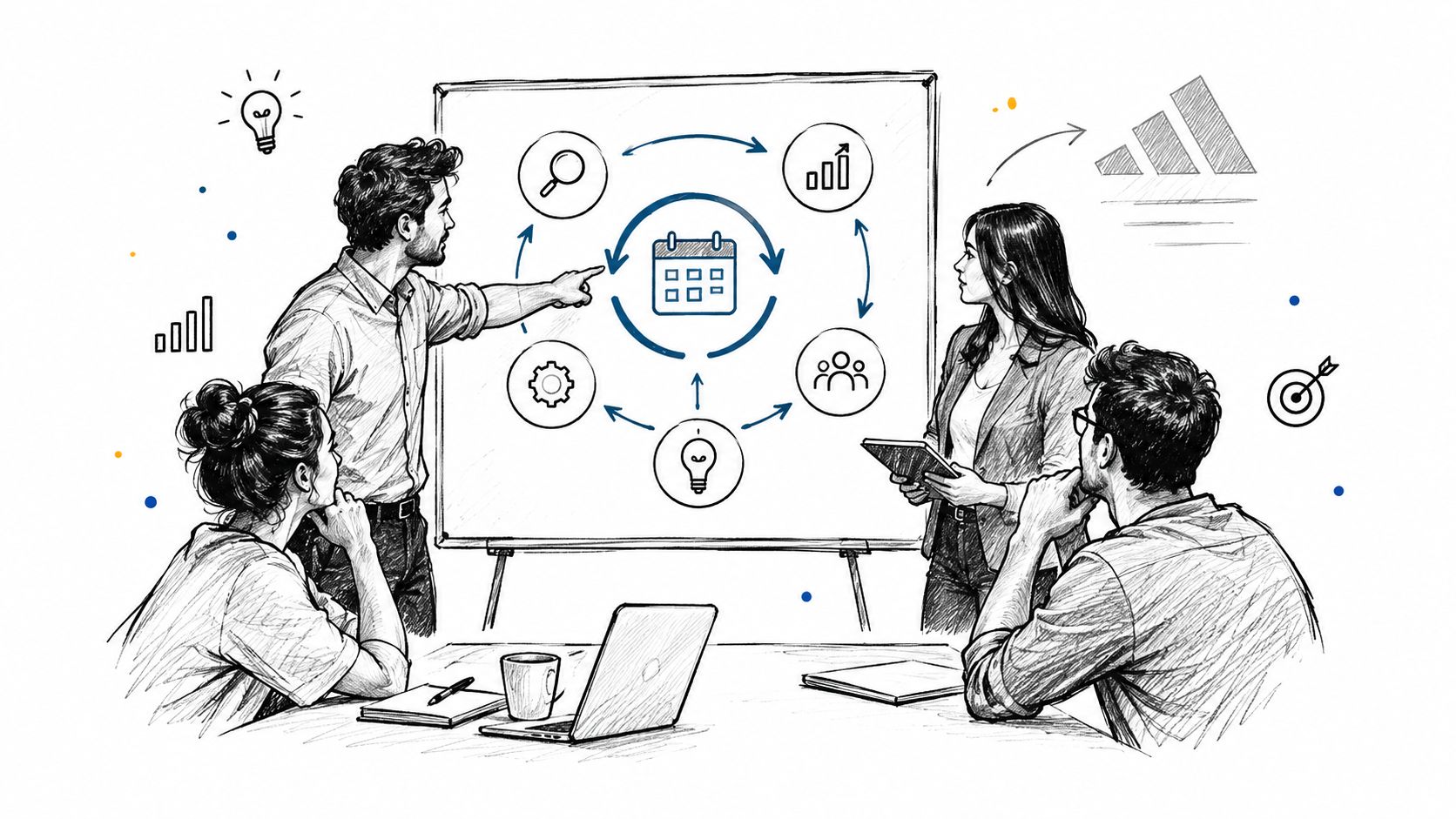 A professional business team discussing a strategic project plan presented on a whiteboard during a meeting.