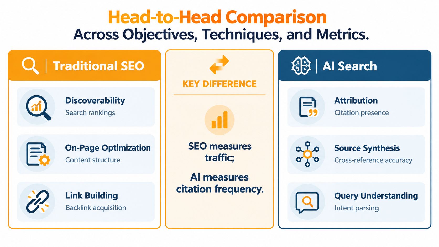 A comparison chart showing the differences between traditional SEO techniques and modern AI search optimization strategies.