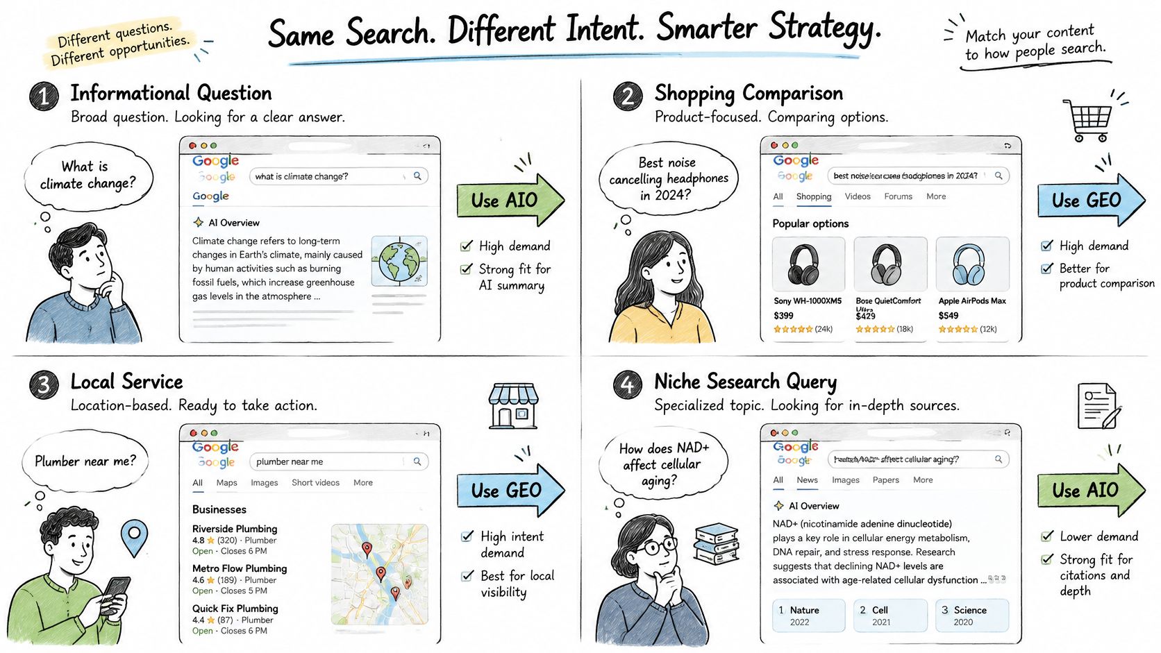 A visual guide explaining how to choose between GEO and AIO strategies based on user search intent.
