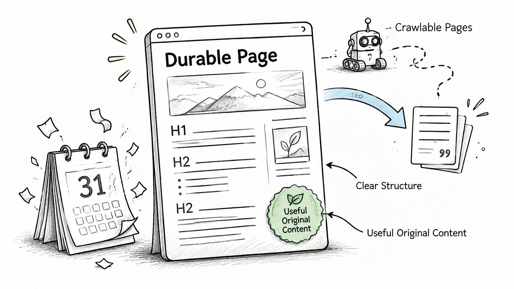 An illustration showing a durable web page with structured content, original information, and search engine accessibility.