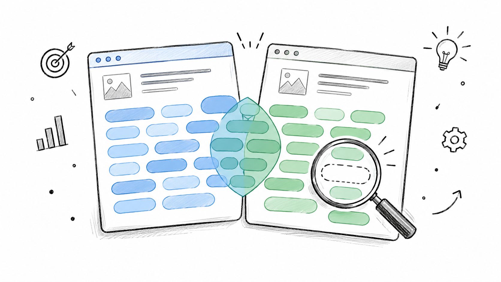 A conceptual illustration comparing two digital documents side-by-side with a magnifying glass to show analytical comparison.