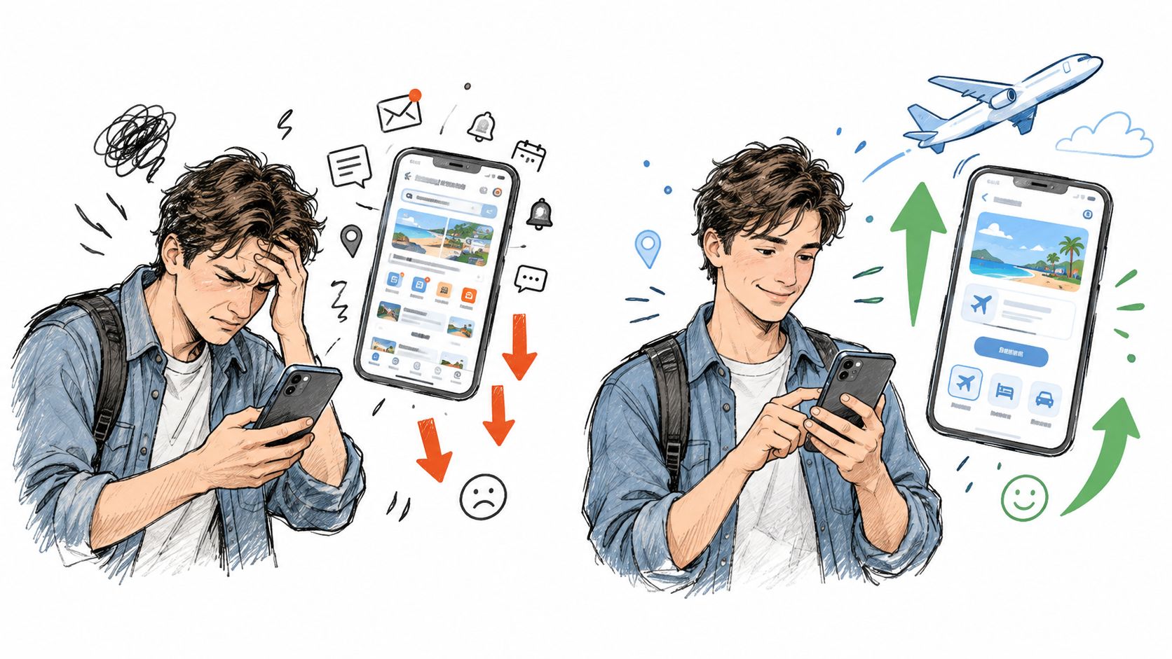 A split illustration showing a stressed traveler using a complex travel app versus a happy traveler using an optimized version.
