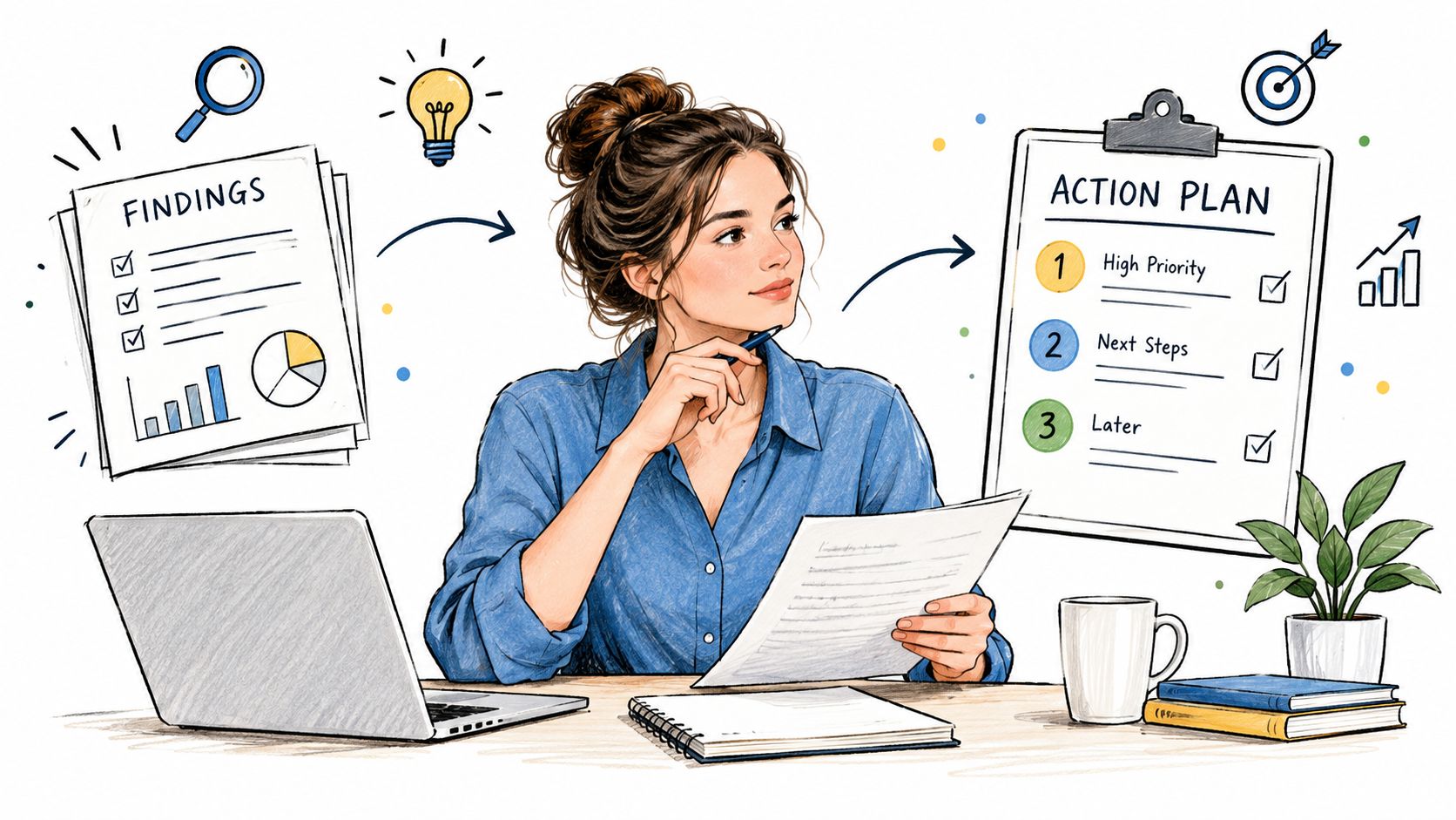 A professional woman planning her work strategy, sitting at a desk with reports, laptop, and clipboard.