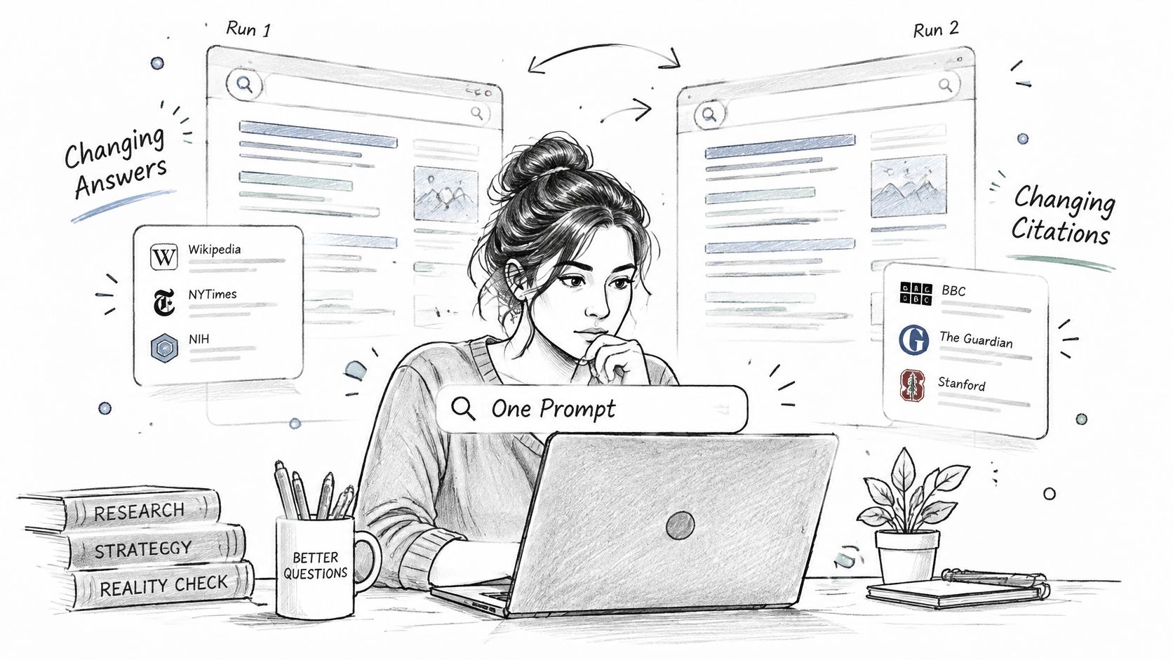 A woman working on a laptop with two search engine windows showing different research results.