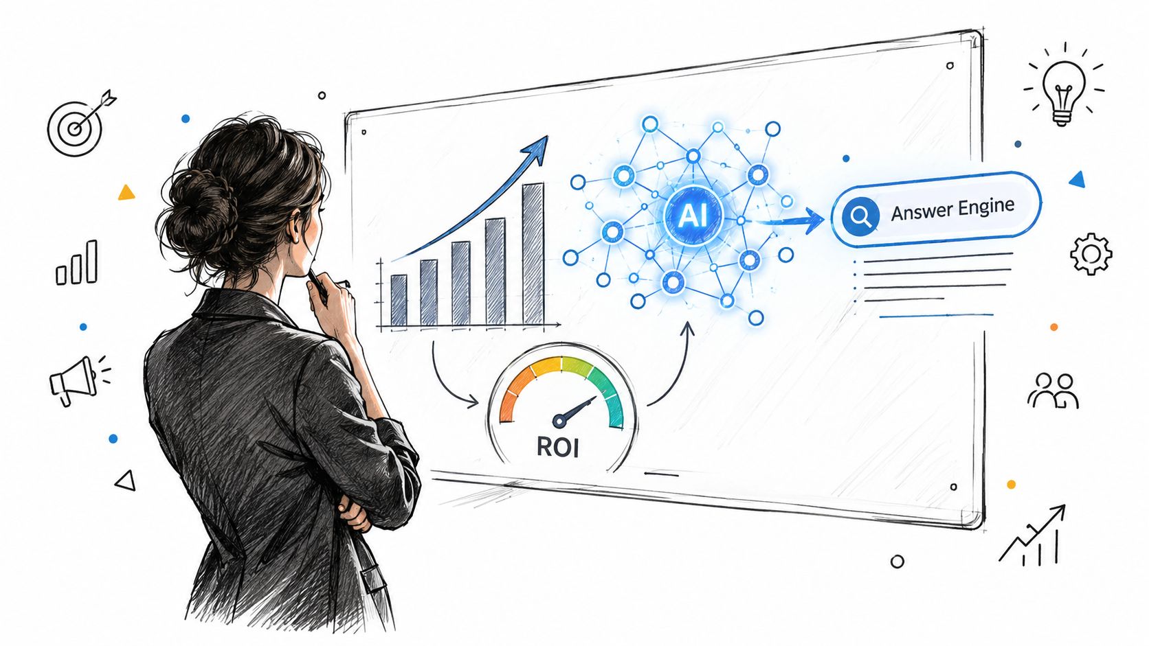 A businesswoman looking at a whiteboard showing AI analytics, growth charts, and return on investment metrics.
