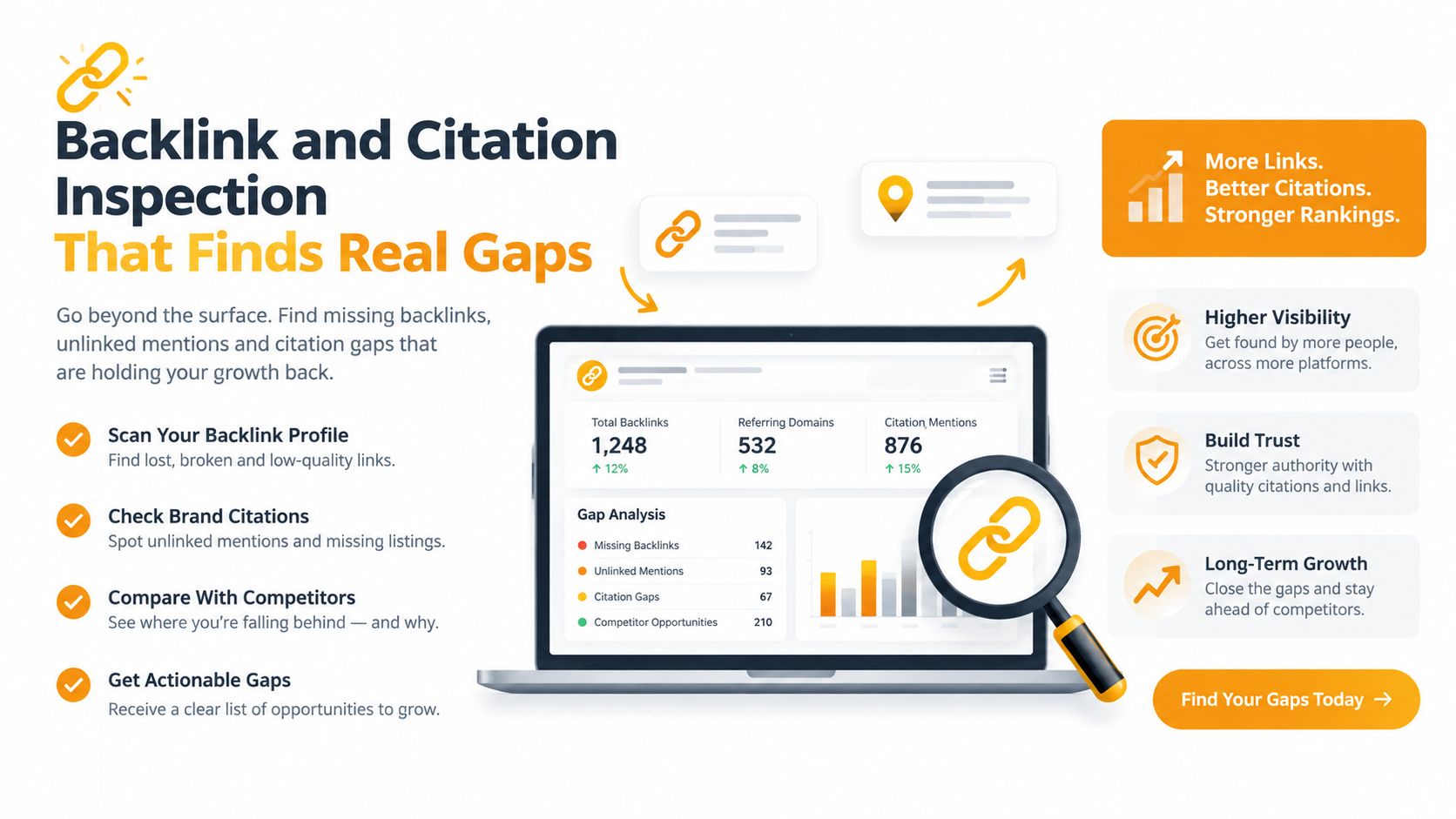 A digital marketing infographic showcasing backlink and citation analysis tools to identify competitor growth opportunities.