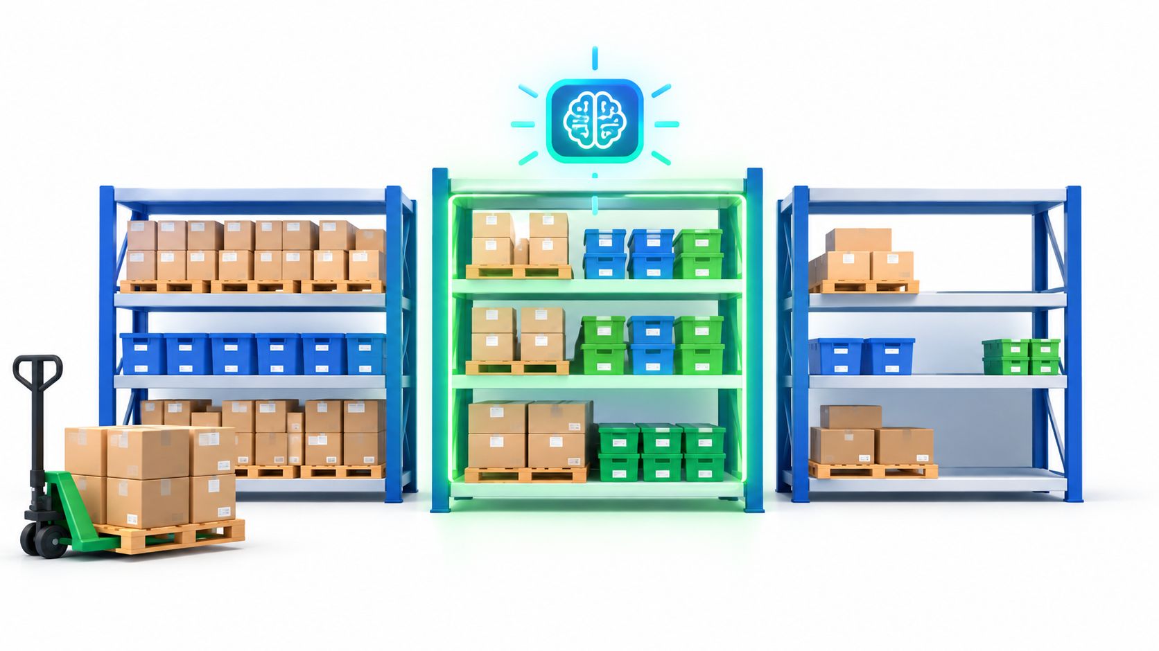 A warehouse shelving unit featuring an artificial intelligence icon above goods stored on industrial metal shelves.