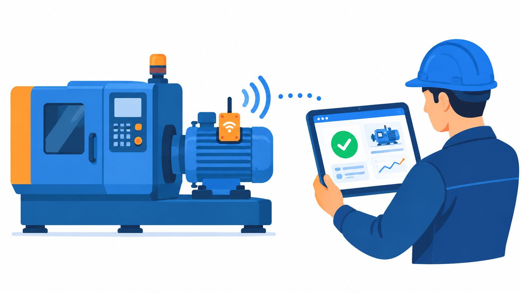 A maintenance engineer using a tablet to monitor industrial machinery through wireless data connectivity and smart technology.
