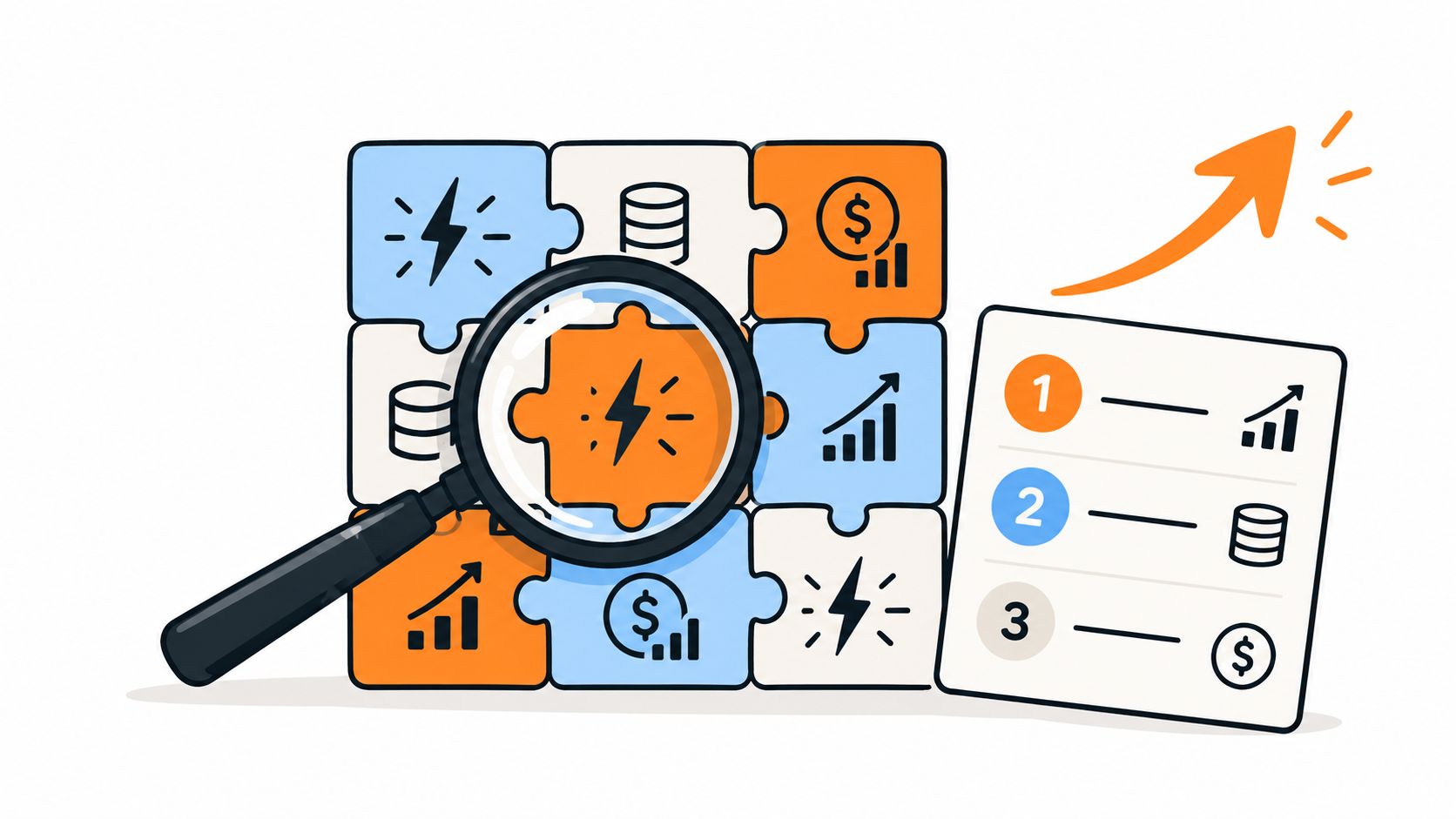 A magnifying glass focusing on a puzzle piece representing AI power alongside a strategic growth chart.