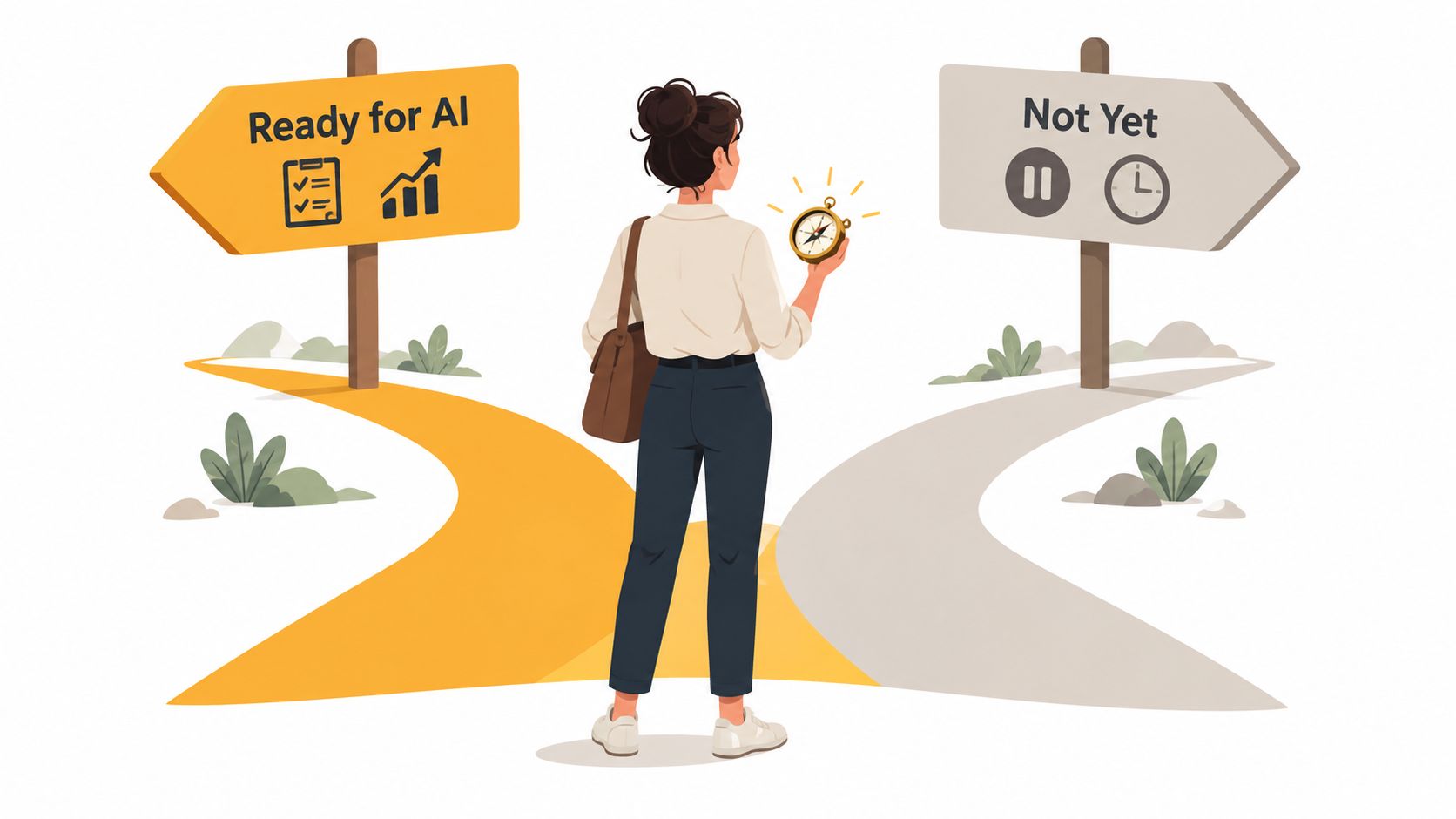 A woman holding a compass standing at a crossroads deciding between being ready for AI or waiting.