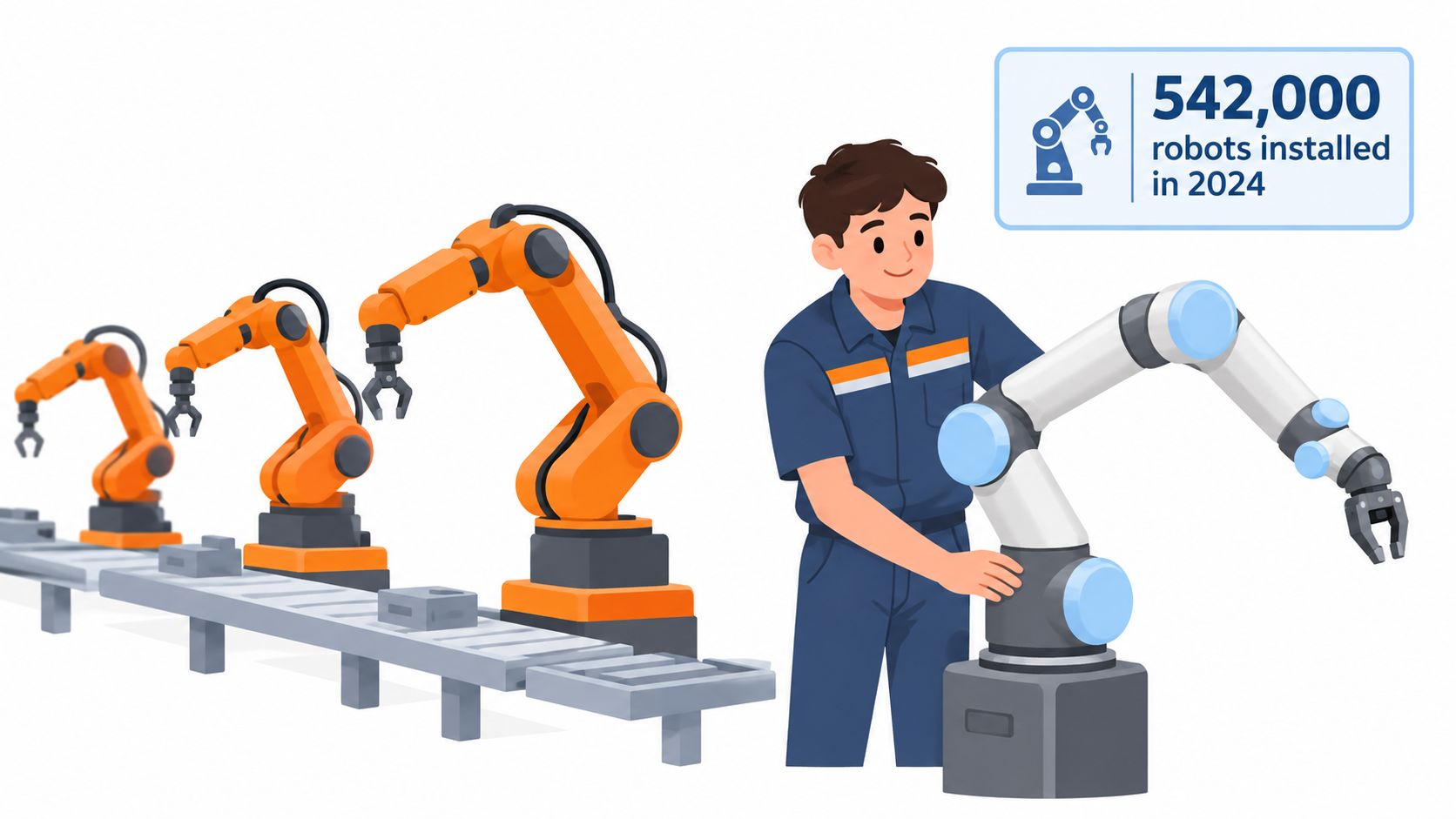 A technician interacting with an industrial robotic arm alongside a factory conveyor belt with orange robots.