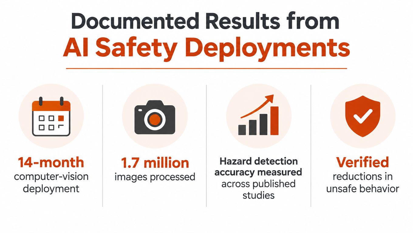 An infographic showing documented results from AI safety deployments including computer vision statistics and verified hazard reductions.