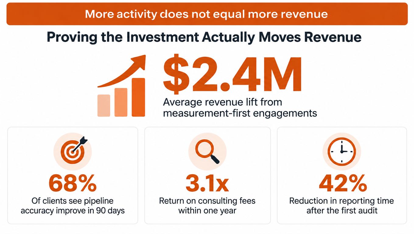 An infographic showing statistics about revenue growth, pipeline accuracy, investment returns, and efficiency from consulting engagements.