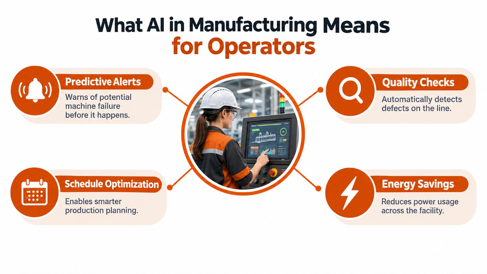 A diagram illustrating the benefits of artificial intelligence in manufacturing for industrial operators and facility management.