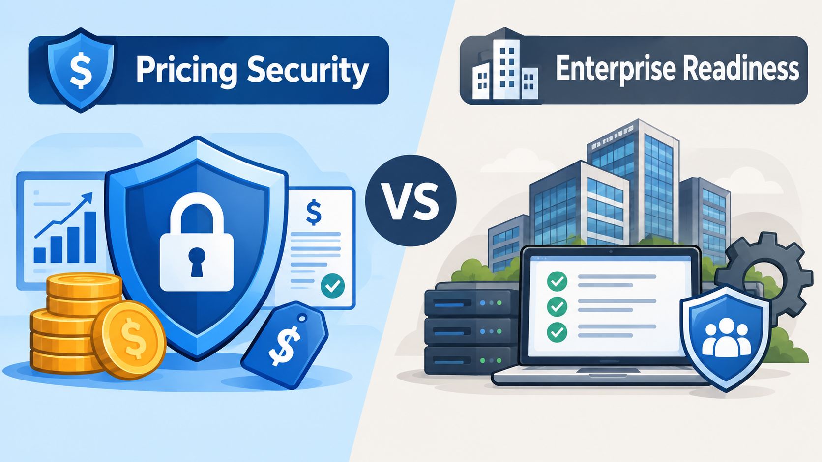 A comparison graphic between Pricing Security and Enterprise Readiness, featuring financial icons on the left and corporate infrastructure on the right.