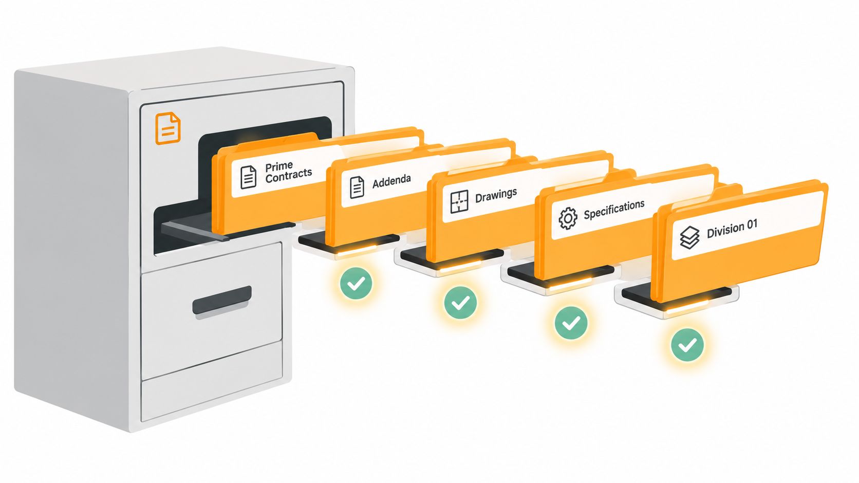 A 3D graphic showing a filing cabinet with organized folders labeled for construction document management.