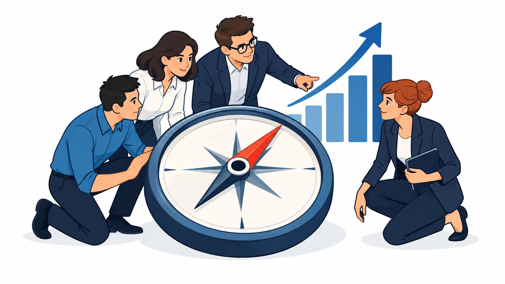 A professional team collaborating around a large compass and a growing bar graph illustration.