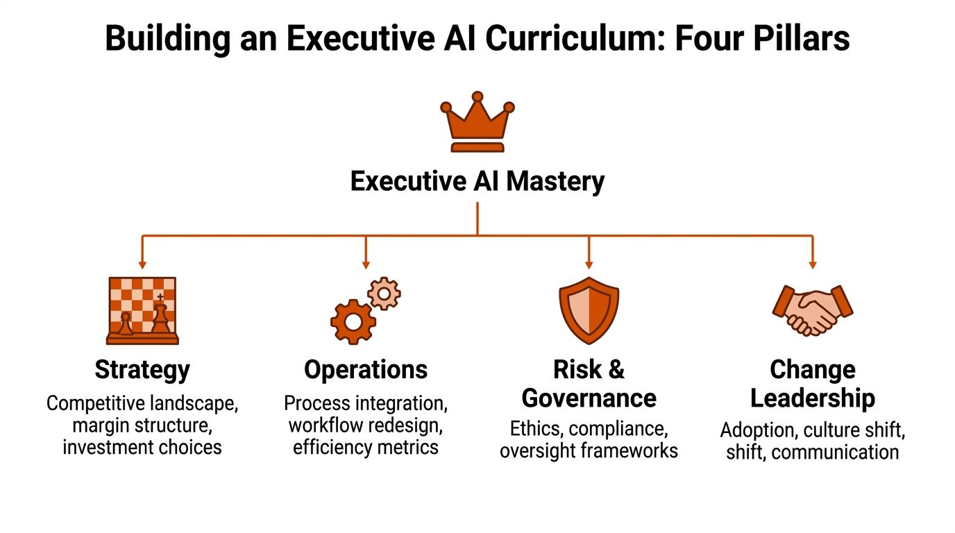 A diagram titled Executive AI Mastery showing four pillars: strategy, operations, risk and governance, and change leadership.