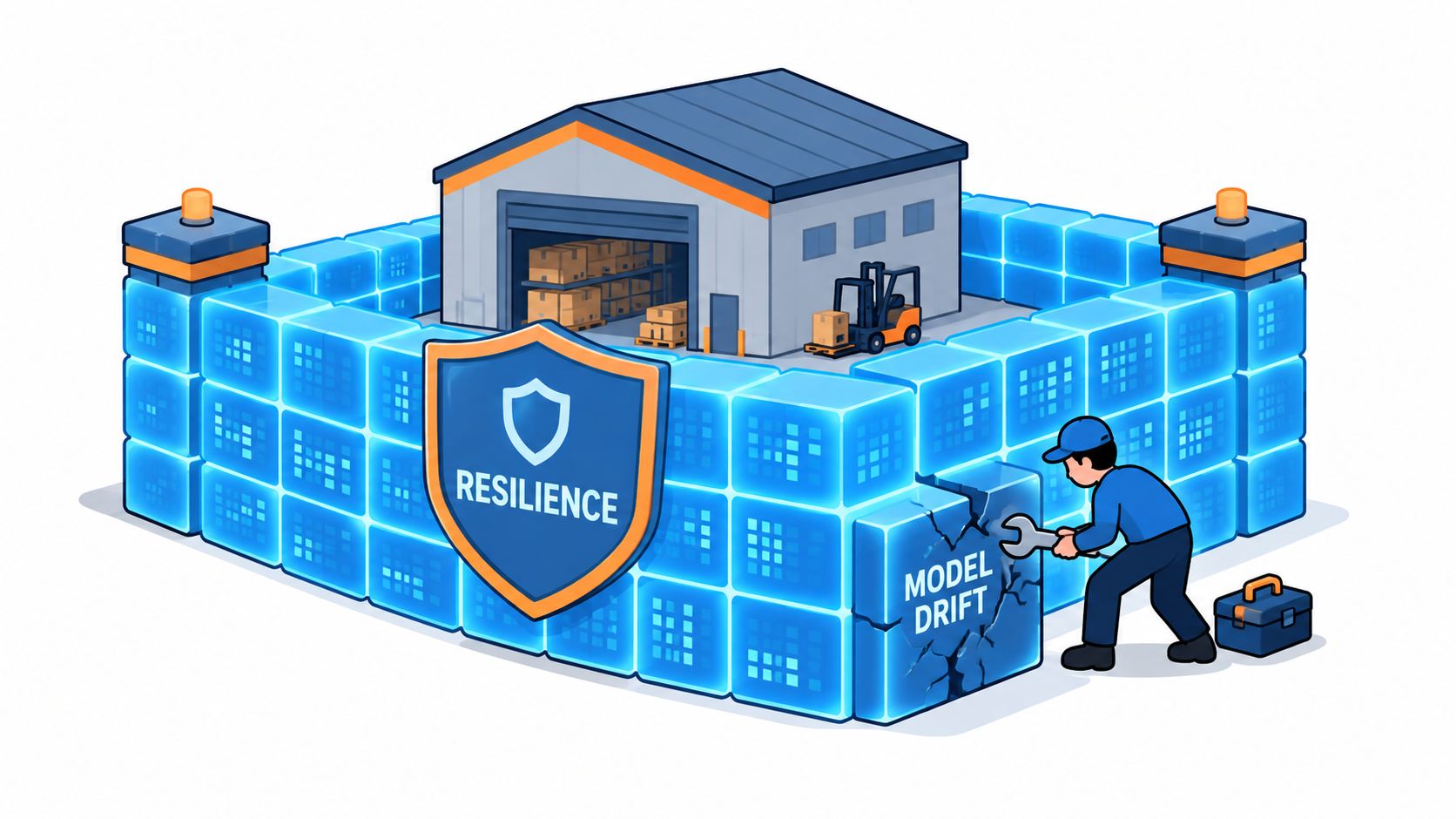 A technician repairing a damaged data block labeled model drift in front of a fortified supply chain warehouse.