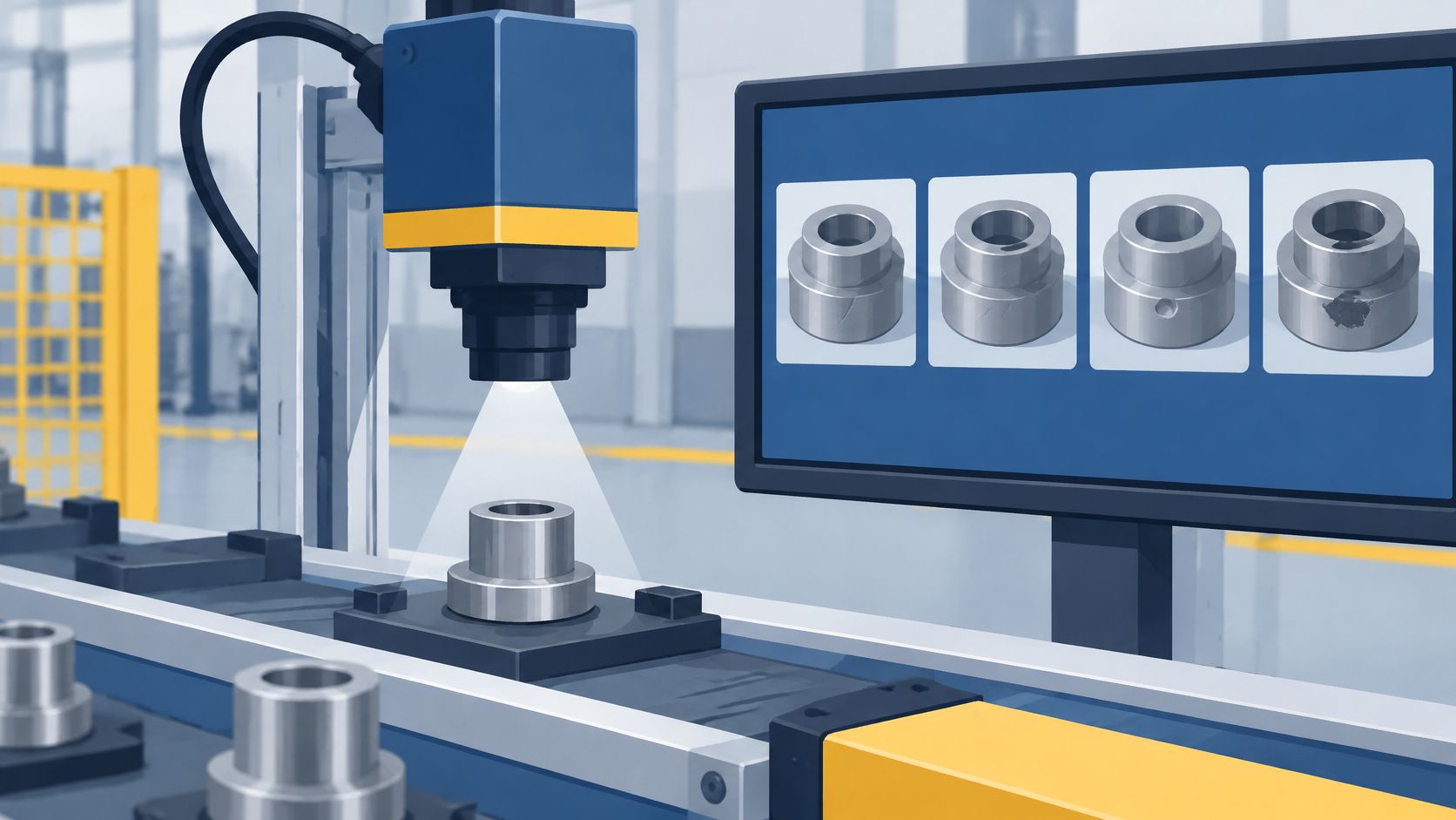 An automated industrial inspection system scanning metal parts on a conveyor belt with a monitor displaying results.