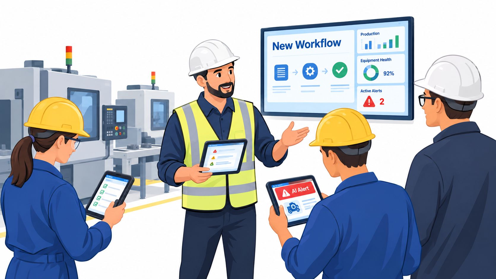 A group of industrial workers and a manager using digital tablets to monitor manufacturing workflows and alerts.
