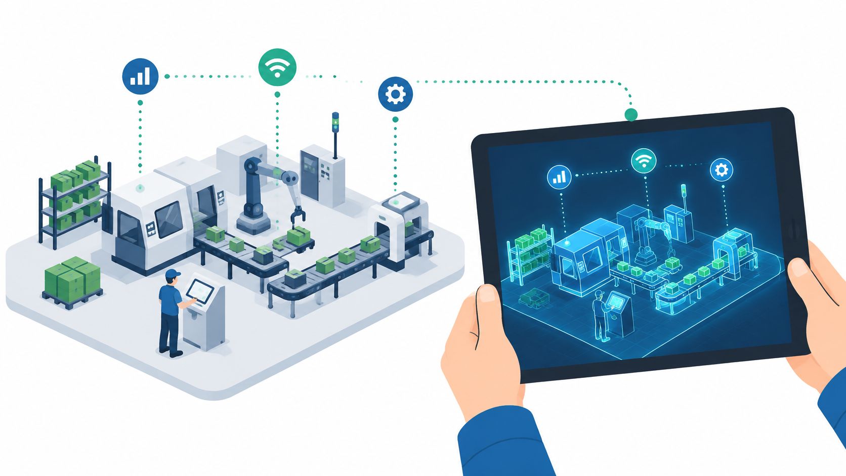 A digital tablet displaying a holographic model of a smart automated manufacturing factory floor and warehouse.