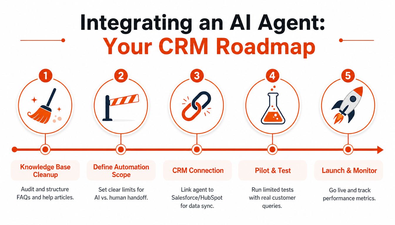 A five-step infographic showing a roadmap for integrating an AI customer service agent into a CRM.