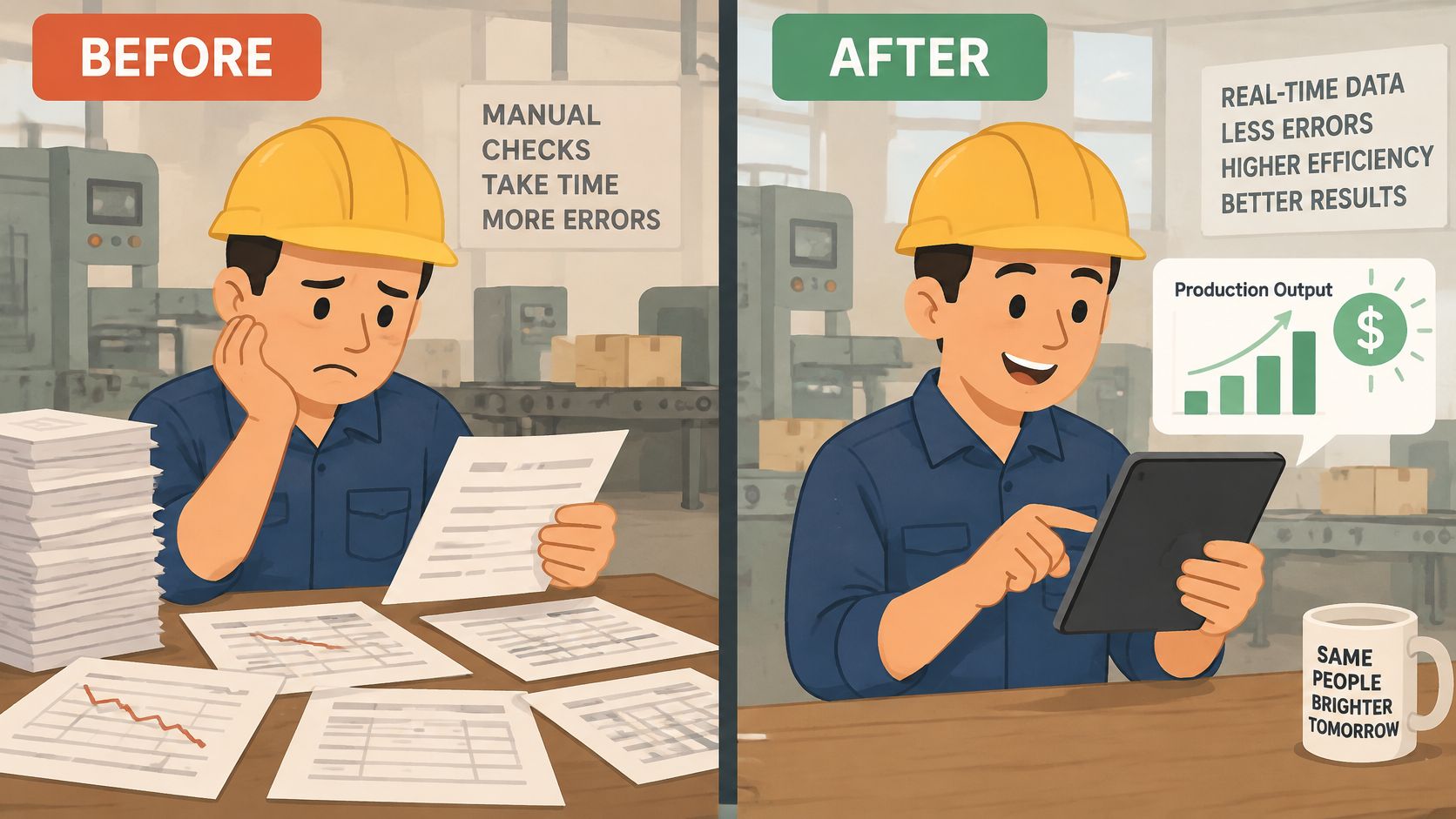 A comparison showing a sad worker using paper documents versus a happy worker using digital tablet technology.